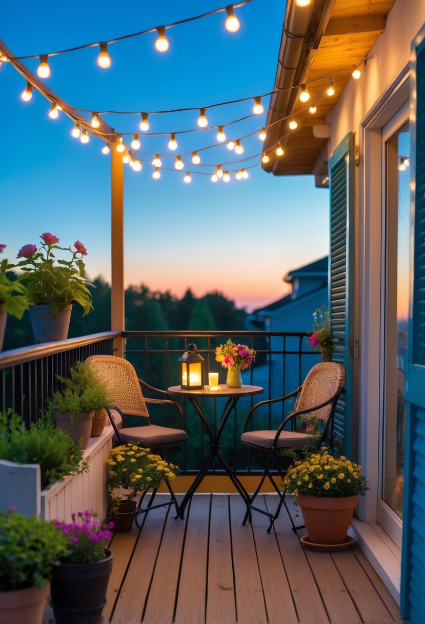 How to Decorate a Balcony for Summer: Stylish Outdoor Retreat Ideas 5 A balcony decorated for summer with string lights, plants, and a small table with chairs during sunset.