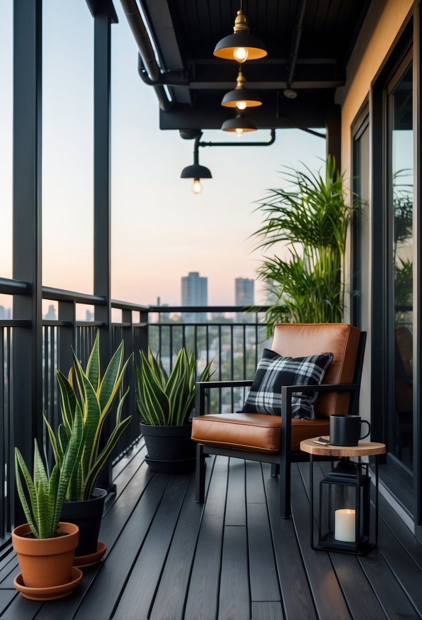 A balcony with a leather armchair, potted plants, a small wooden table, and city buildings in the background.