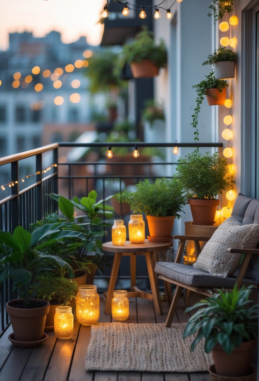How to Decorate a Balcony on a Budget: Affordable Makeover Tips 5 A balcony decorated with string lights, lanterns, potted plants, and cozy seating.