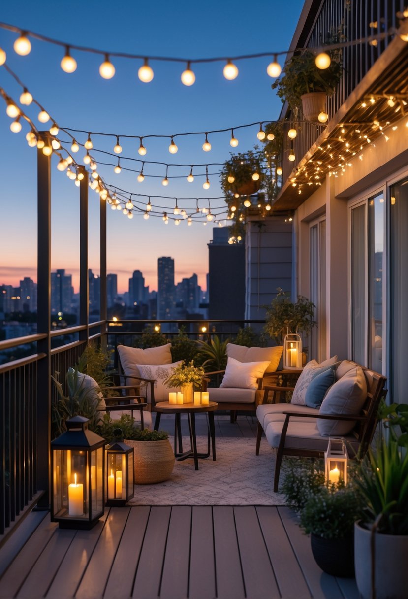 A shared balcony at dusk with warm string lights, seating areas, plants, and soft lanterns creating a cozy and inviting atmosphere.