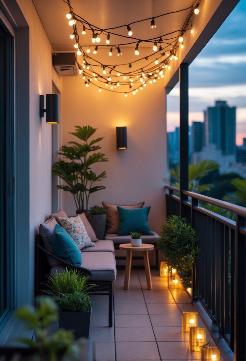 How to Decorate a Balcony With Lights: Creative Outdoor Lighting Ideas 5 A balcony decorated with warm overhead string lights, wall fixtures, plants, and comfortable seating creating a cozy atmosphere at dusk.
