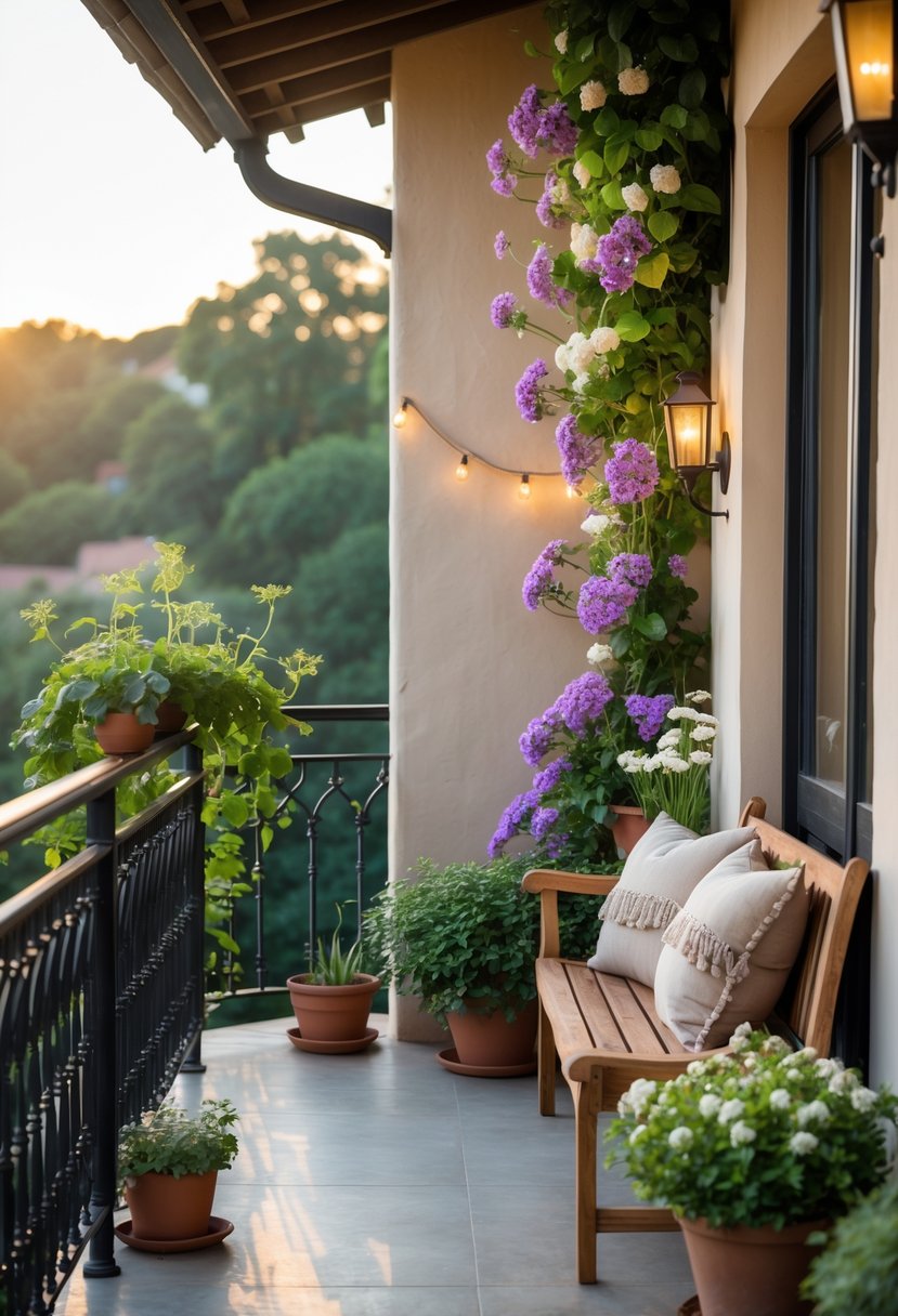 A Juliet balcony with black iron railing decorated with green plants and purple flowers, a wooden bench with beige cushions, and soft sunlight illuminating the scene.