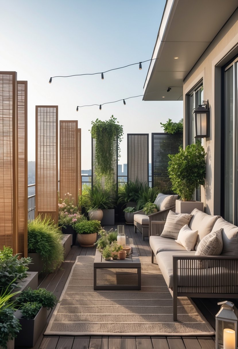 A large balcony with separate seating and garden zones, featuring outdoor furniture, privacy screens, potted plants, and soft lighting.