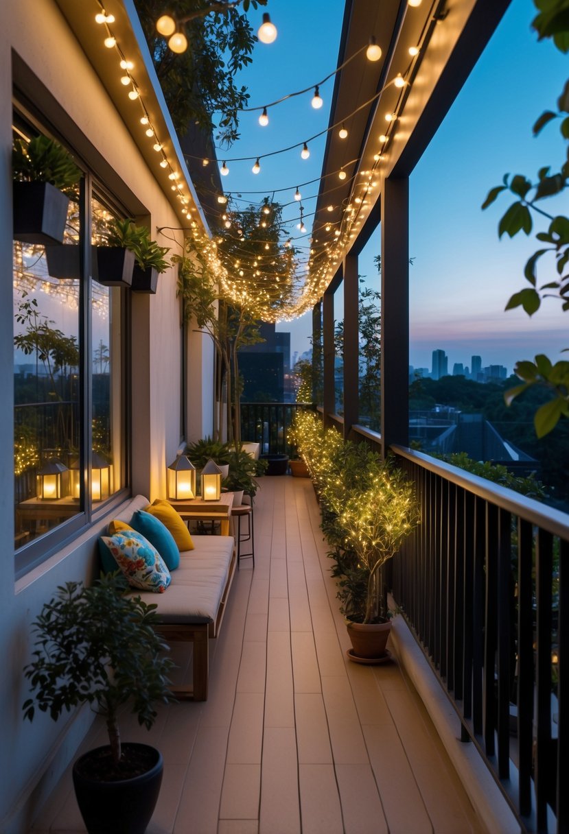 A long narrow balcony decorated with string lights, potted plants, and comfortable seating, creating a warm and inviting outdoor space.