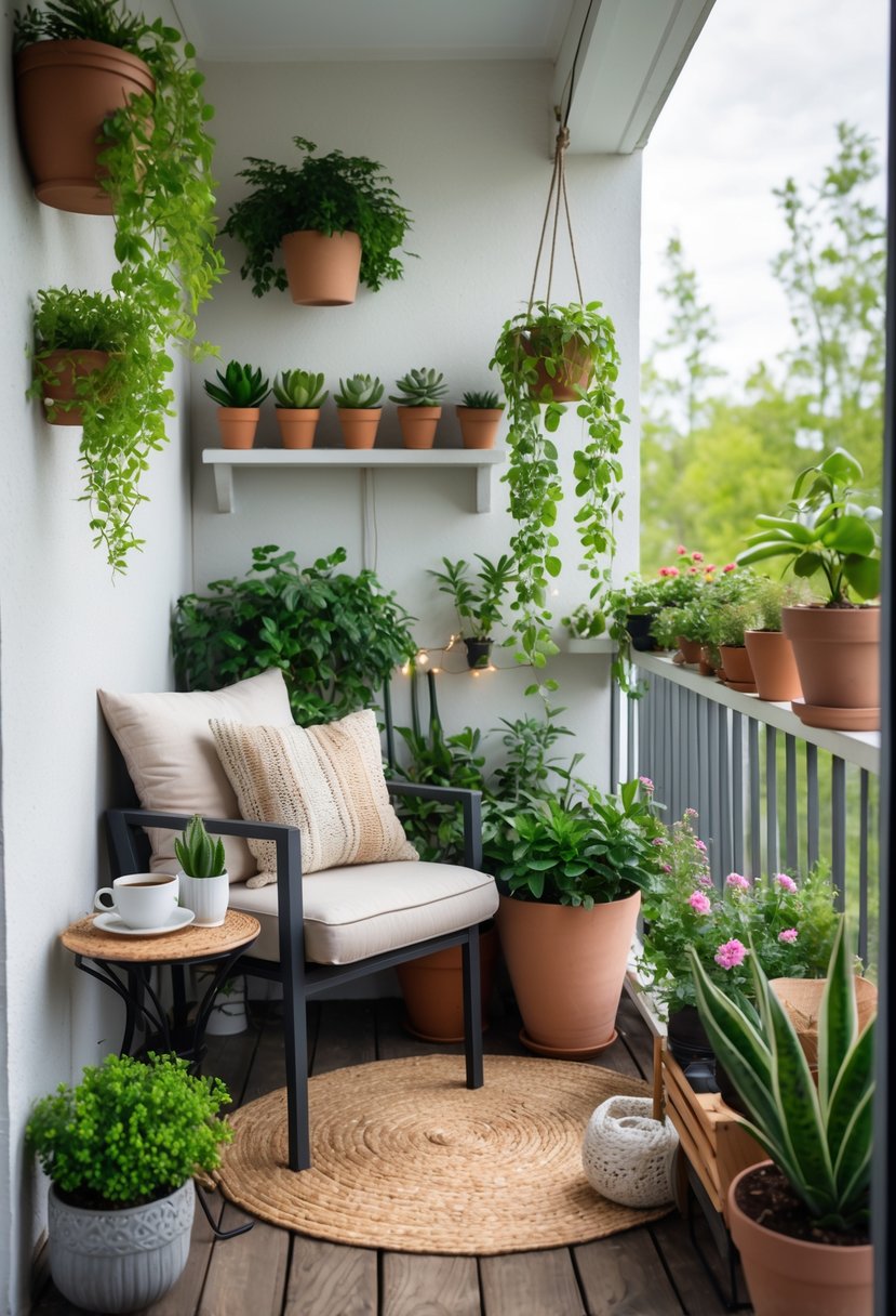 A small balcony filled with green plants, a cushioned chair, and decorative items creating a cozy outdoor space.
