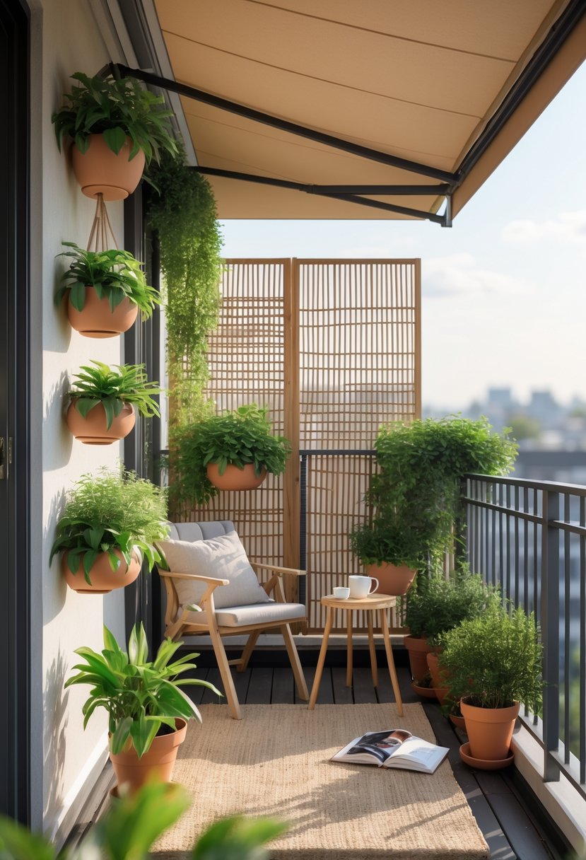 Small balcony with plants, privacy screen, shaded seating area, and outdoor furniture.