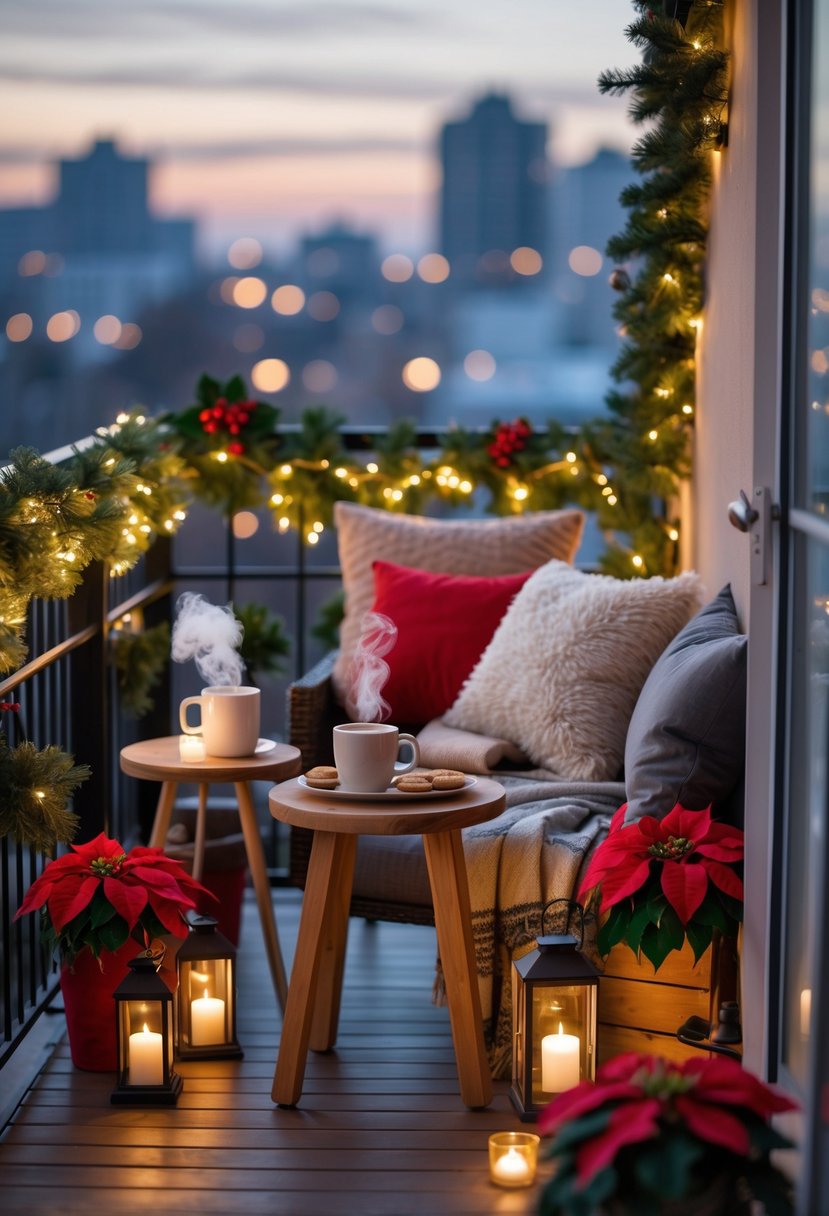 Apartment balcony decorated for Christmas with comfortable seating, festive lights, holiday plants, and a small table with hot cocoa and cookies.