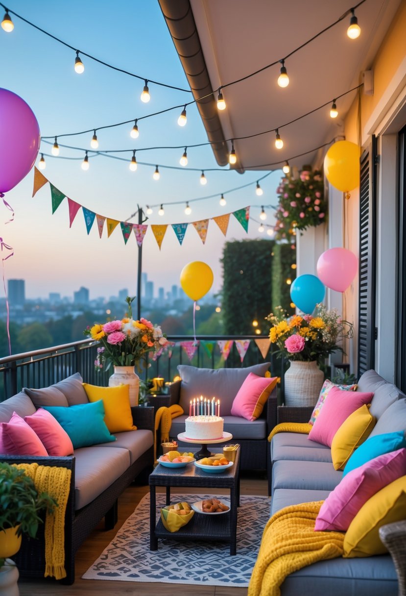 A balcony decorated for a birthday with seating, string lights, balloons, flowers, and a table with a birthday cake and snacks.