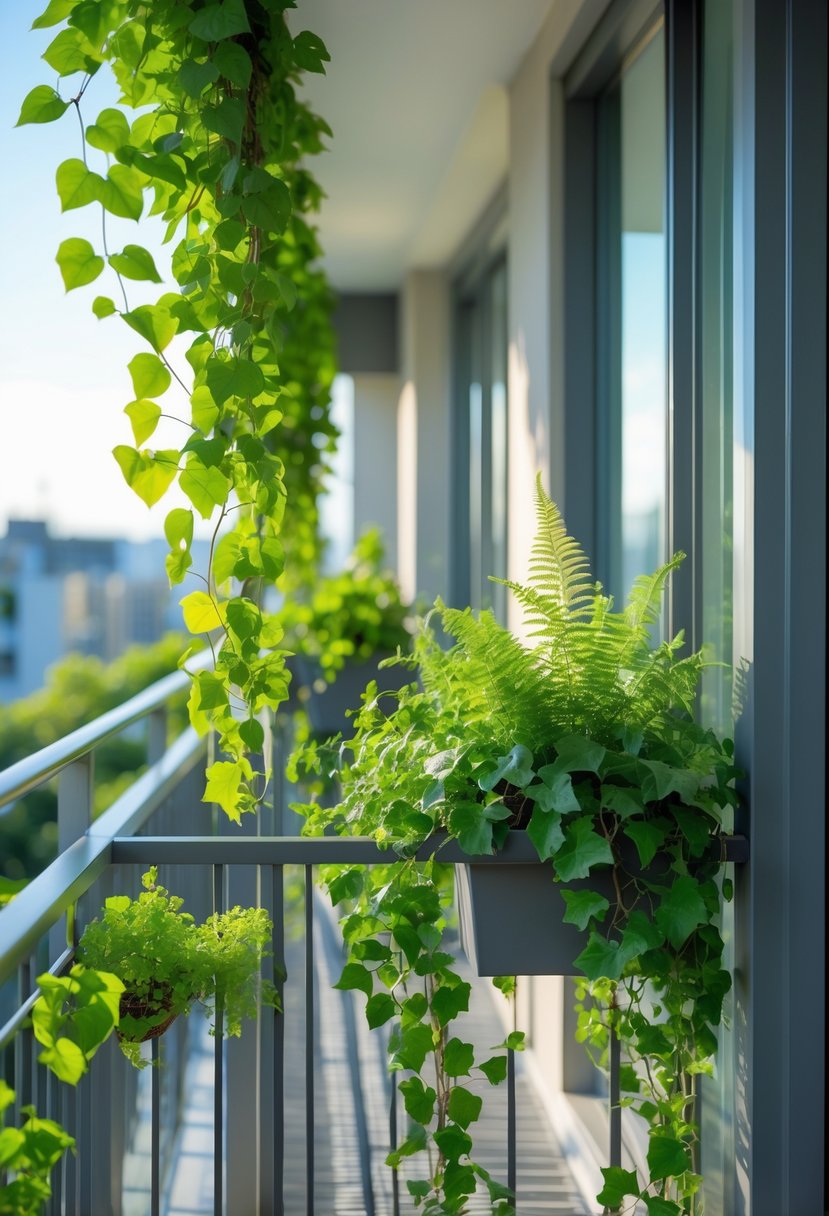 A balcony railing decorated with various green plants and flowers, with sunlight shining on the leaves.