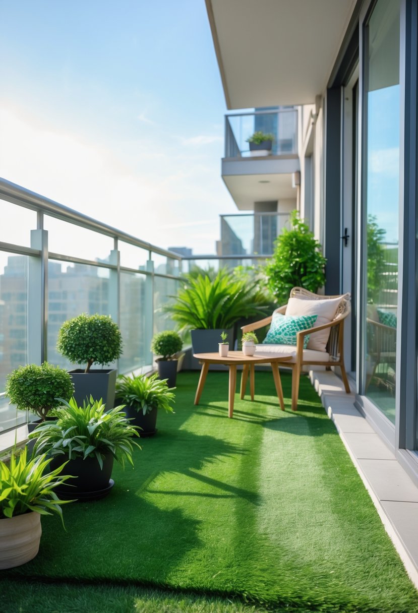A balcony decorated with artificial plants and green grass turf, featuring outdoor furniture and a city view in the background.