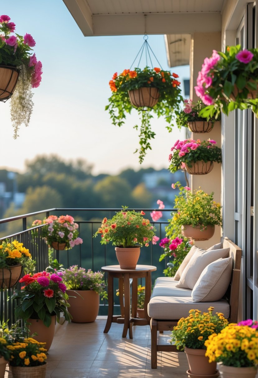 A balcony decorated with colorful flowers, comfortable seating, and a small table, bathed in natural sunlight.