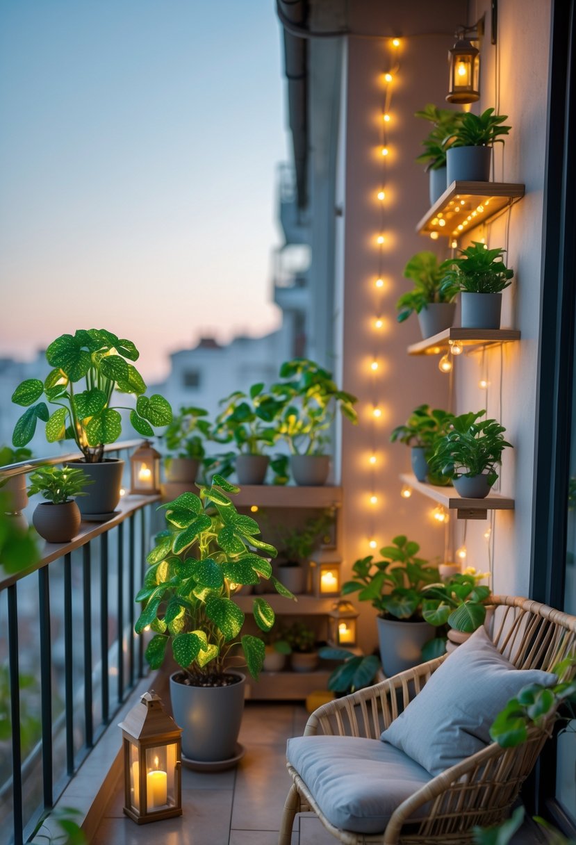 A balcony decorated with green money plants, warm string lights, and cozy accessories like cushions and small decorative items.