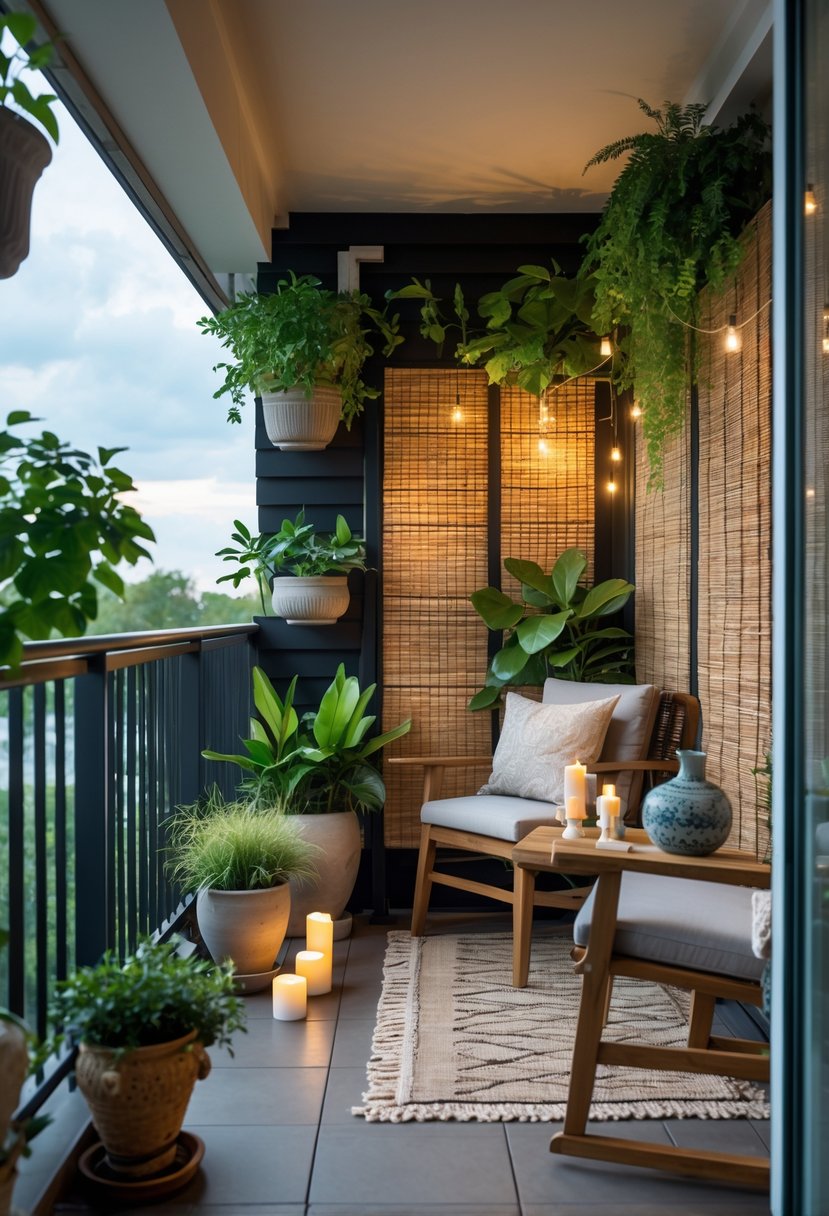 How to Decorate a Balcony for Privacy: Stylish & Effective Ideas 6 A balcony with comfortable seating, green plants, and privacy screens creating a cozy and private outdoor space.