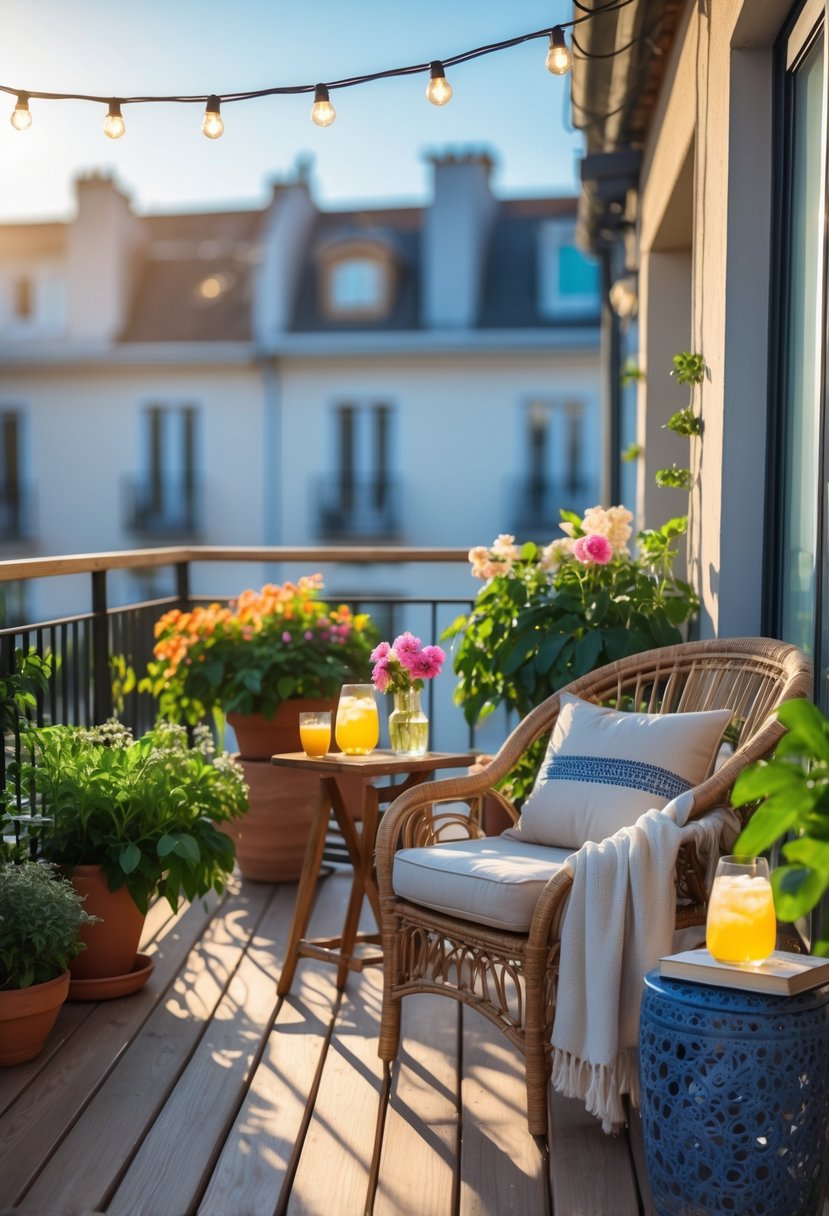 How to Decorate a Balcony for Summer: Stylish Outdoor Retreat Ideas 6 A small balcony decorated with plants, a rattan chair with cushions, a side table with a glass of lemonade and a book, and hanging string lights.