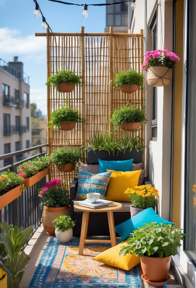 How to Decorate a Balcony on a Budget: Affordable Makeover Tips 6 A small balcony decorated with plants, bamboo screens, cushions, a table with coffee and a book, and string lights.