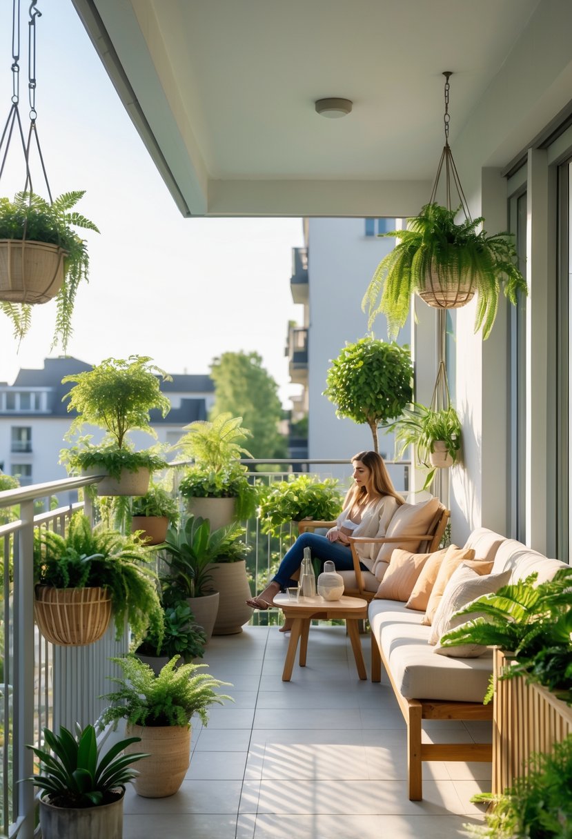 A shared balcony decorated with green plants, comfortable seating, and a small table, overlooking an urban area.