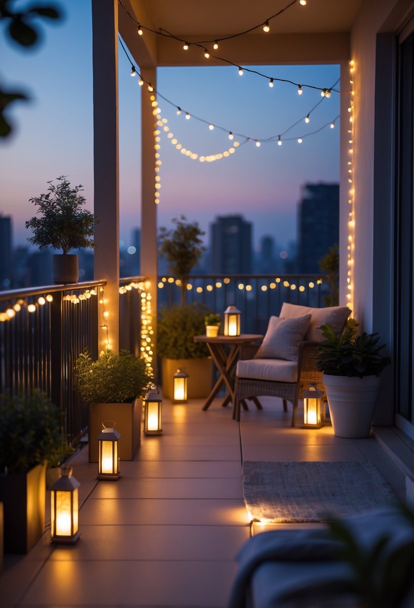 How to Decorate a Balcony With Lights: Creative Outdoor Lighting Ideas 6 A balcony decorated with string lights, lanterns, plants, and comfortable seating illuminated by warm ambient lighting at dusk.
