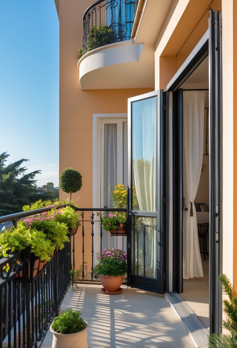 A Juliet balcony with black railings decorated with green plants and flowers, sunlight shining on the building's exterior and an open door with light curtains.