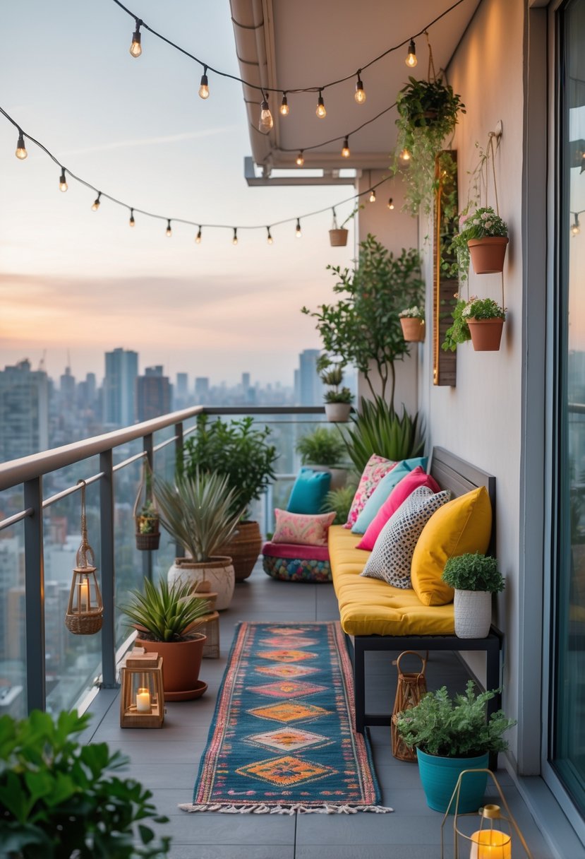 A long narrow balcony decorated with plants, cushions, string lights, and decorative accessories overlooking a city.