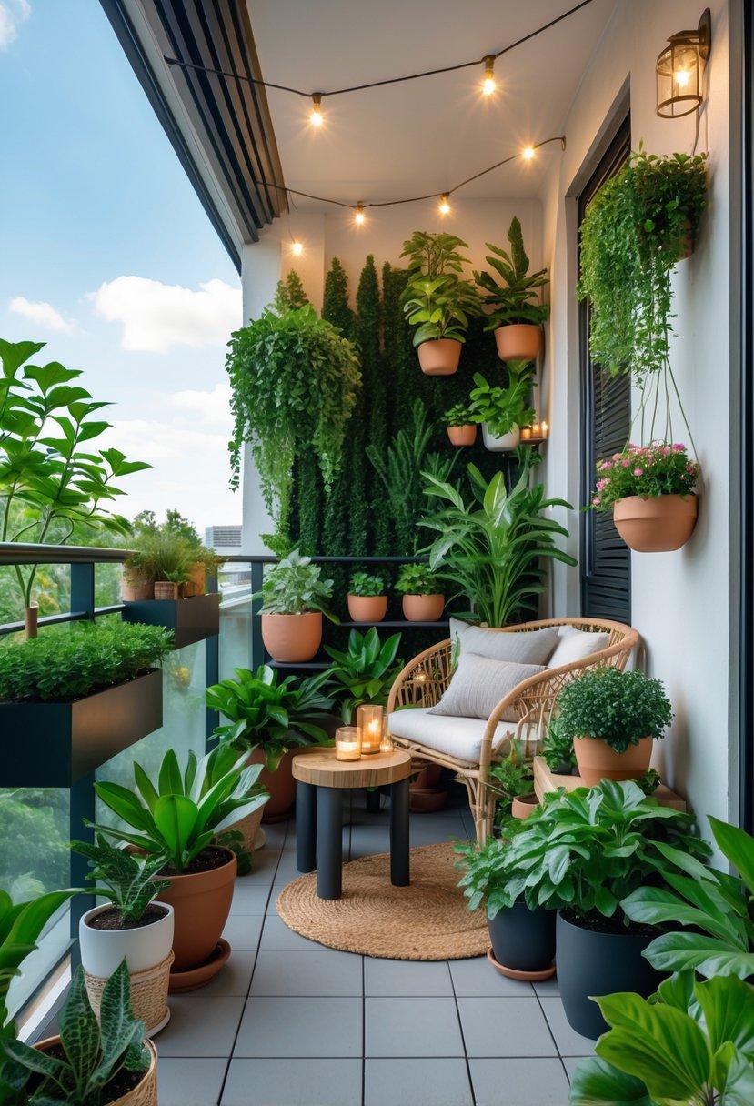 A small balcony decorated with various green plants, cozy seating, and soft lighting creating a private and relaxing outdoor space.