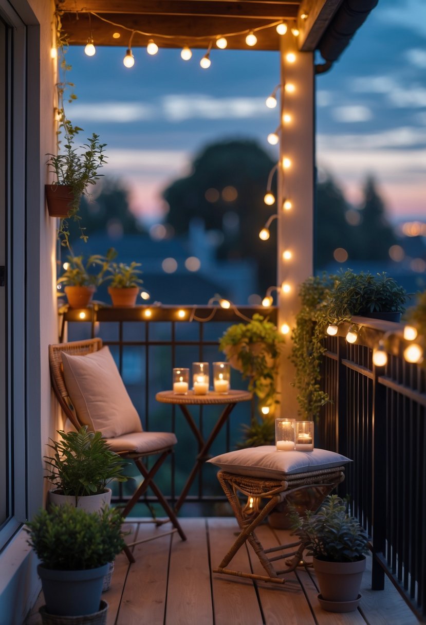A small balcony at dusk decorated with string lights, plants, candles, and cozy seating creating a warm and inviting evening atmosphere.
