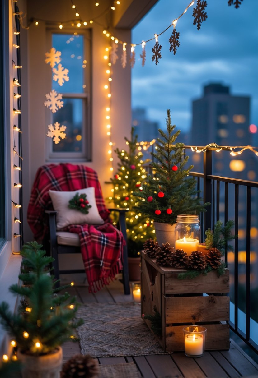 Apartment balcony decorated for Christmas with string lights, handmade ornaments, potted evergreens, and cozy seating.