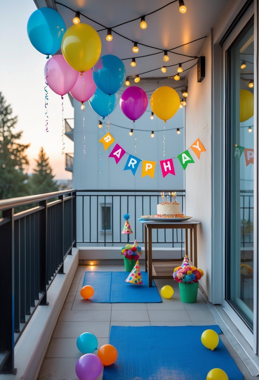 A balcony decorated for a birthday with balloons, string lights, a birthday cake on a table, and safety features like sturdy railings and clear walkways.
