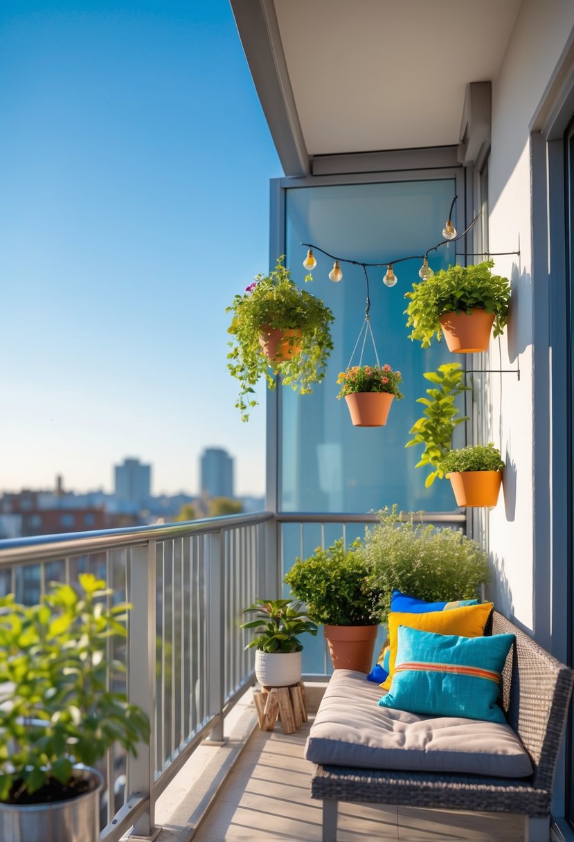 A balcony railing decorated with potted plants, hanging flowers, and fairy lights, overlooking a cityscape under a clear sky.