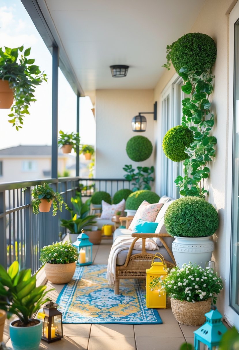 A balcony decorated with artificial plants, comfortable seating, and small decorative accessories in natural sunlight.