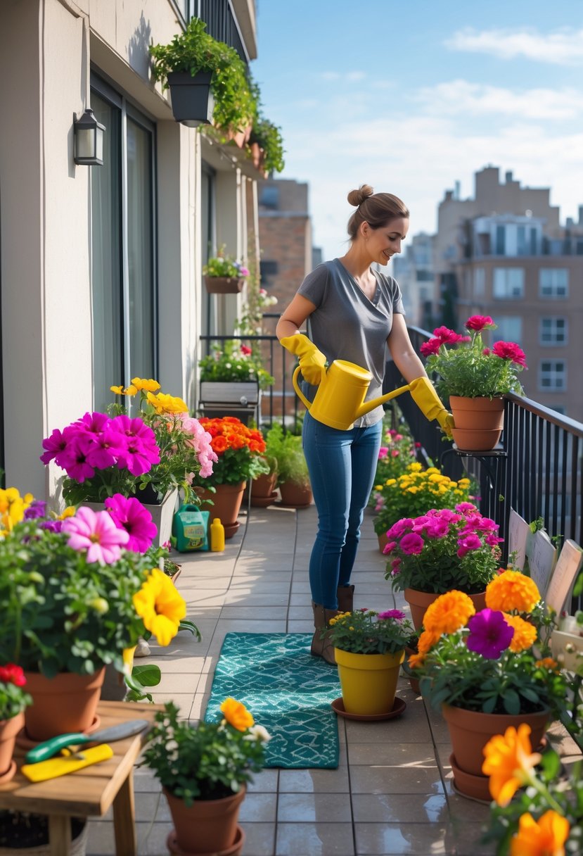A person watering colorful flower pots on a sunny balcony with gardening tools nearby.