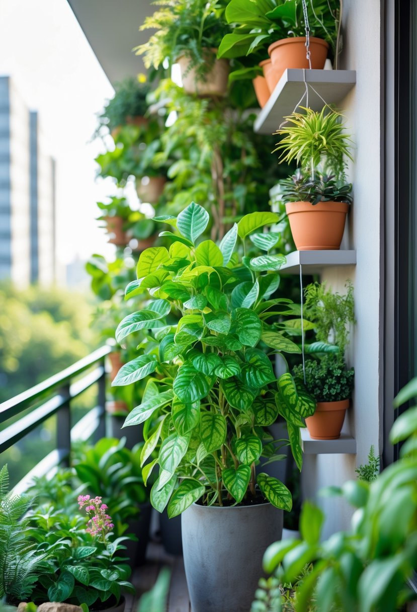 A balcony filled with money plants and other green plants arranged in pots and hanging planters, creating a lush and peaceful garden space.