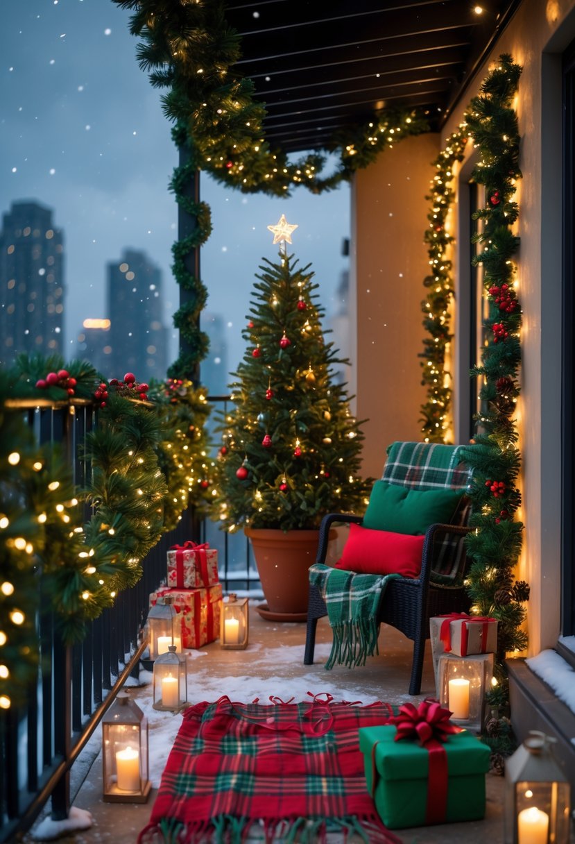 How to Decorate a Balcony for Christmas: Festive Outdoor Ideas 7 A balcony decorated for Christmas with string lights, a small Christmas tree, garlands, wrapped gifts, and cozy outdoor furniture at dusk.