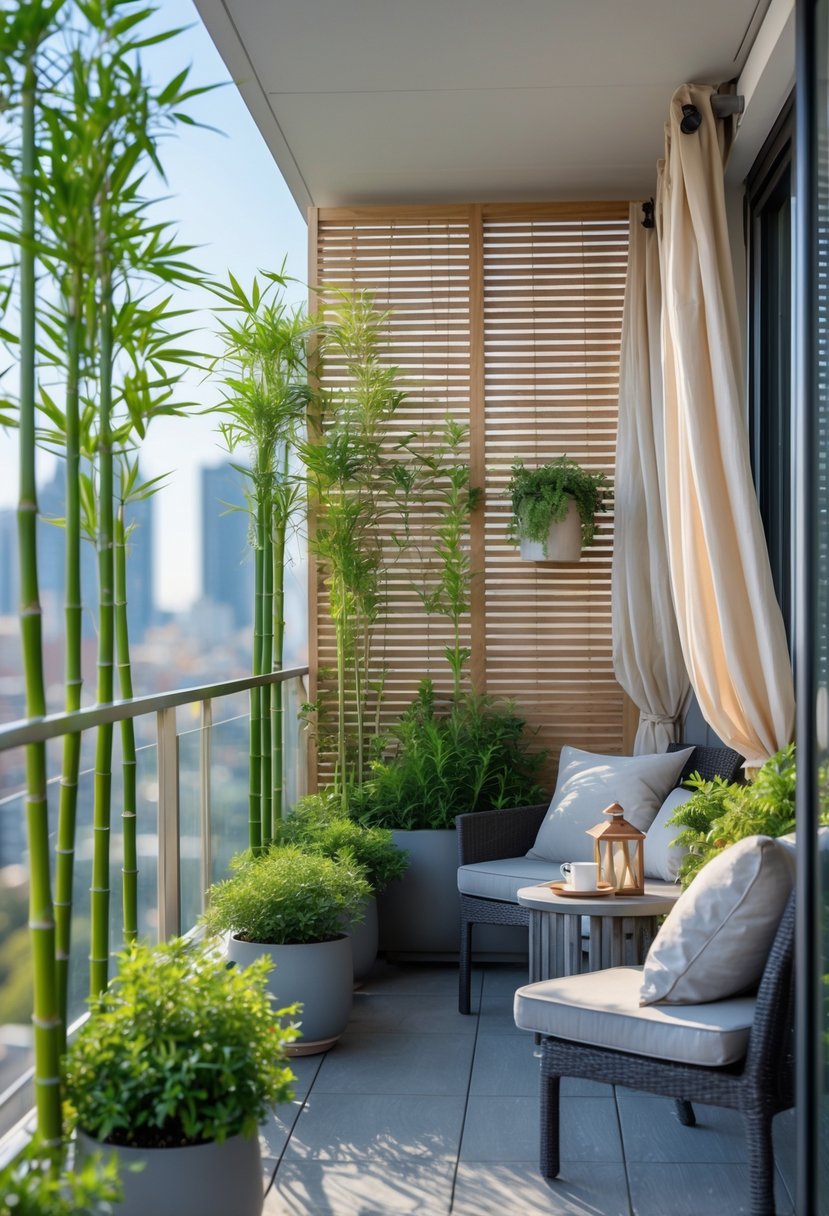 How to Decorate a Balcony for Privacy: Stylish & Effective Ideas 7 A balcony with green plants, wooden privacy screen, outdoor seating, and a small table overlooking a cityscape.