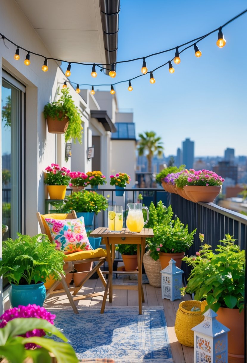 How to Decorate a Balcony for Summer: Stylish Outdoor Retreat Ideas 7 A sunny balcony with plants, a small table with chairs, and summer decorations overlooking a cityscape.