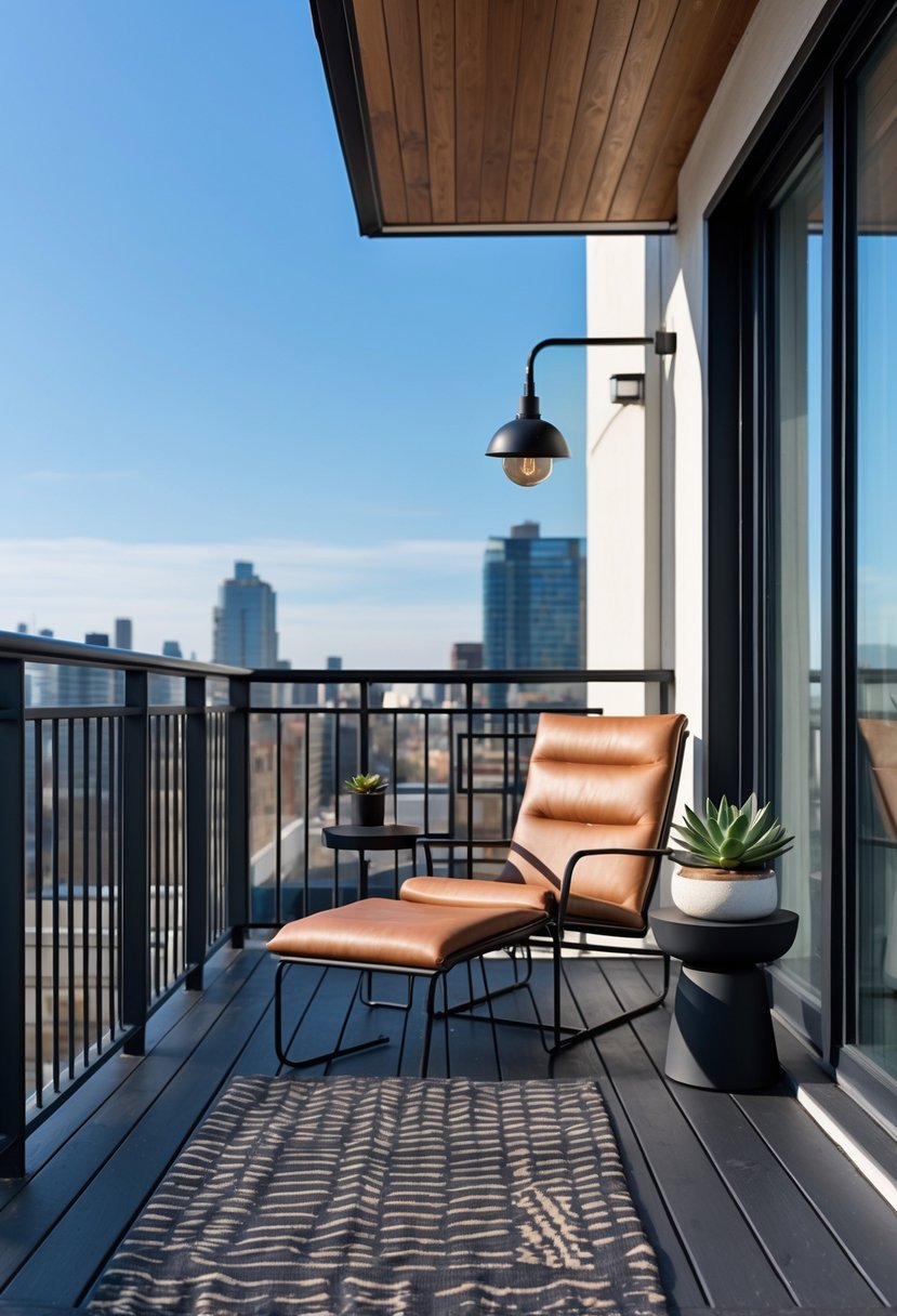 A modern balcony with dark wooden floor, black metal railings, a leather lounge chair, small side table with a green plant, and city buildings in the background.