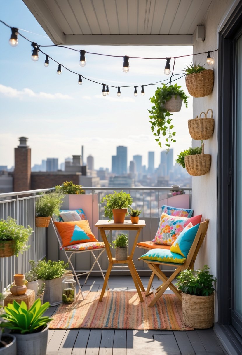 How to Decorate a Balcony on a Budget: Affordable Makeover Tips 7 A small balcony with plants, a wooden table, chairs with cushions, string lights, and a city view in the background.