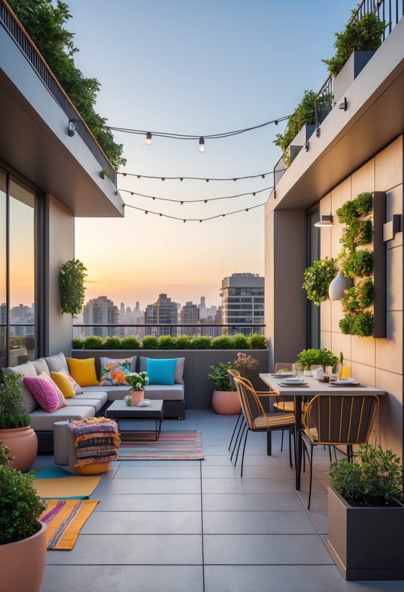 A shared balcony with separate seating and dining areas, decorated with plants and string lights, overlooking a city.