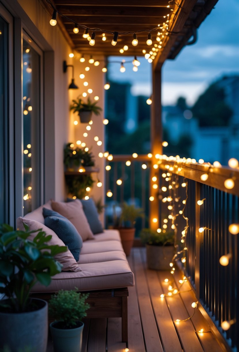 How to Decorate a Balcony With Lights: Creative Outdoor Lighting Ideas 7 A balcony decorated with string lights, plants, and comfortable seating at twilight.