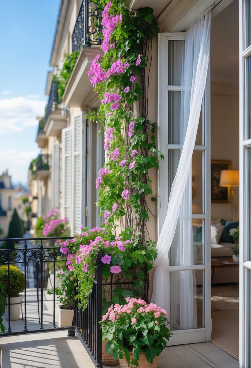 A Juliet balcony decorated with flowering vines, potted plants, and open French doors with sheer curtains on a sunny day.