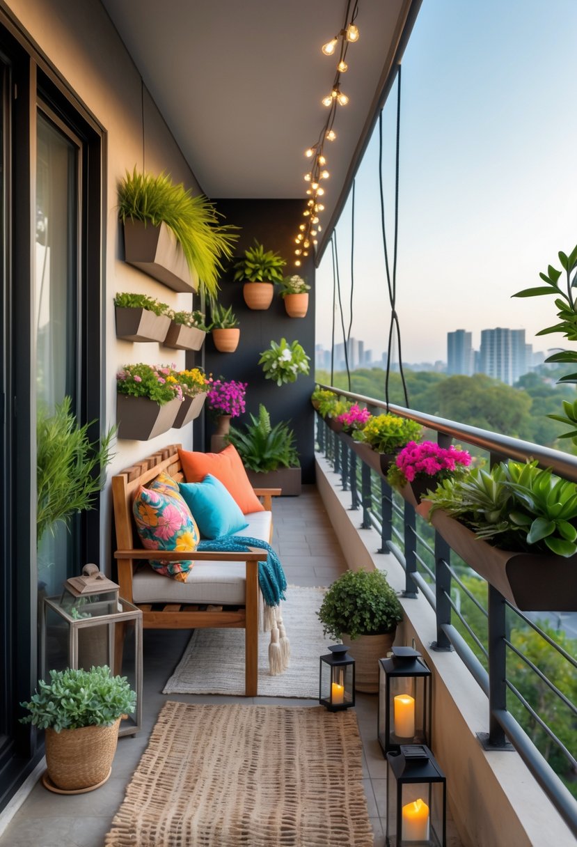 A long narrow balcony decorated with seating, plants, string lights, and small decorative items overlooking a cityscape.