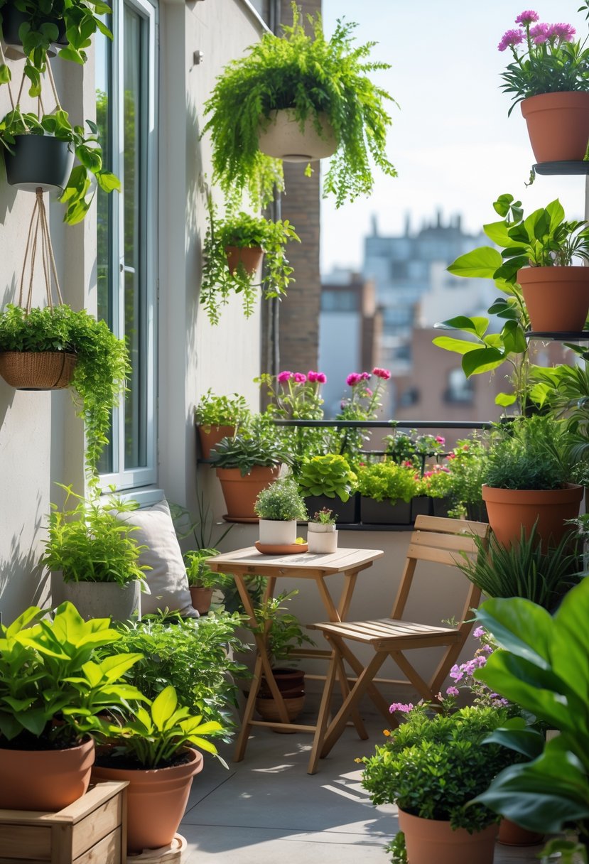 Small balcony with various green plants in pots, a wooden table, and a chair, bathed in natural sunlight.