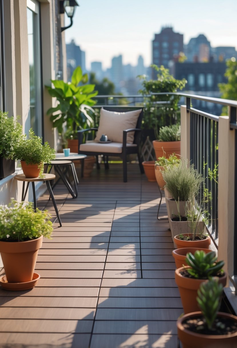 A person installing new flooring on a small balcony decorated with plants and outdoor furniture.