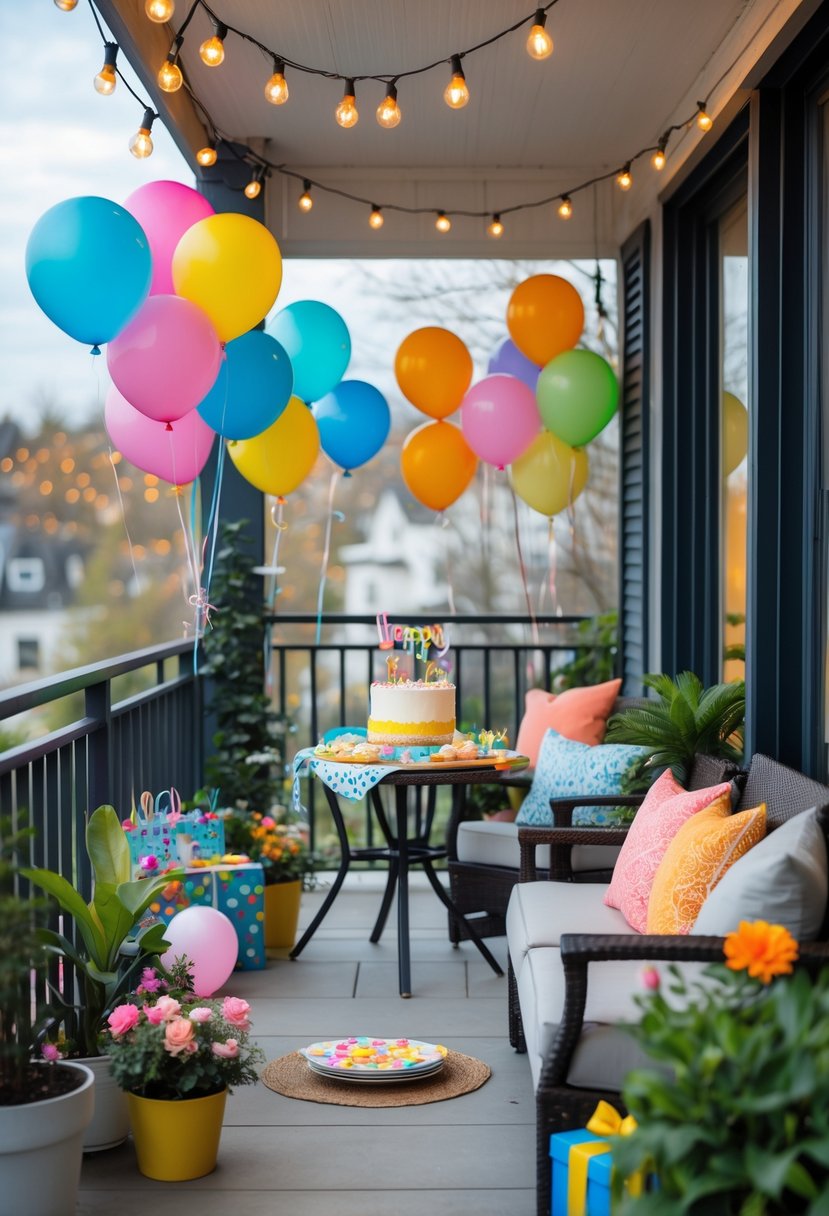 A balcony decorated with balloons, string lights, a birthday cake on a table, and plants, ready for a birthday celebration.