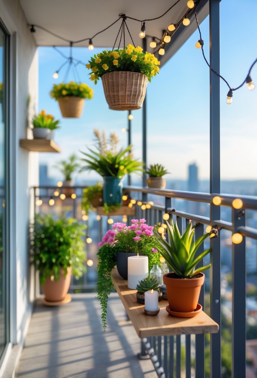 A balcony railing decorated with potted plants, hanging flowers, string lights, and small decorative items, overlooking a cityscape.