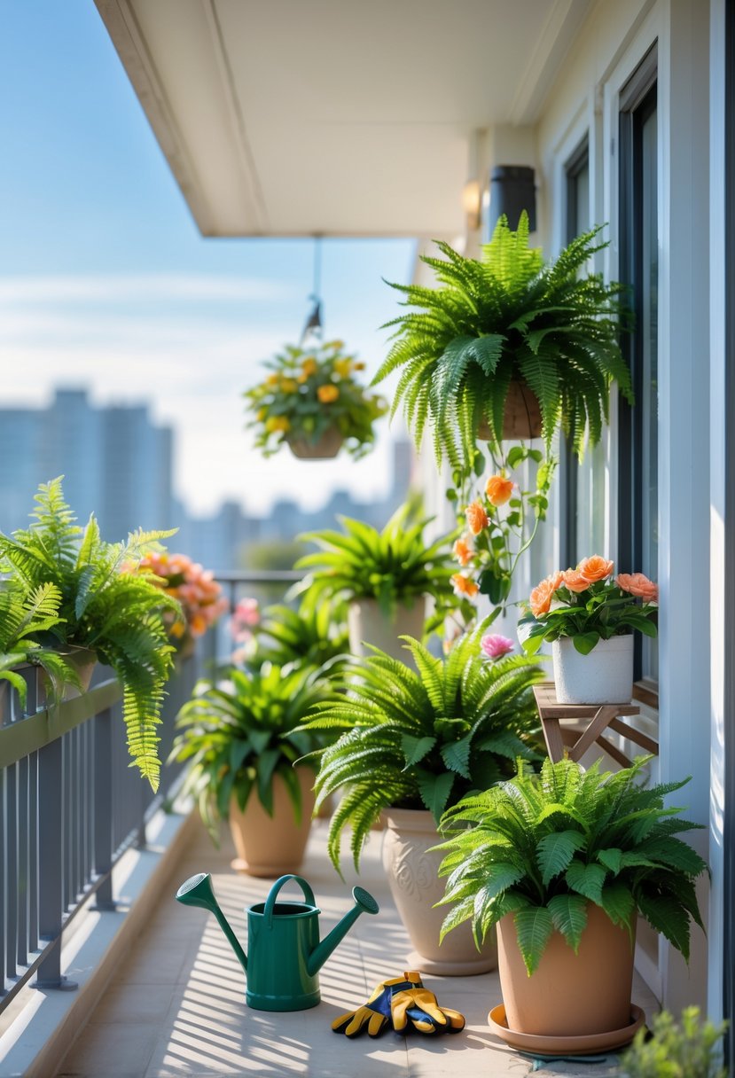 A balcony decorated with various artificial plants in pots and planters, with gardening tools on a small table and a clear sky in the background.