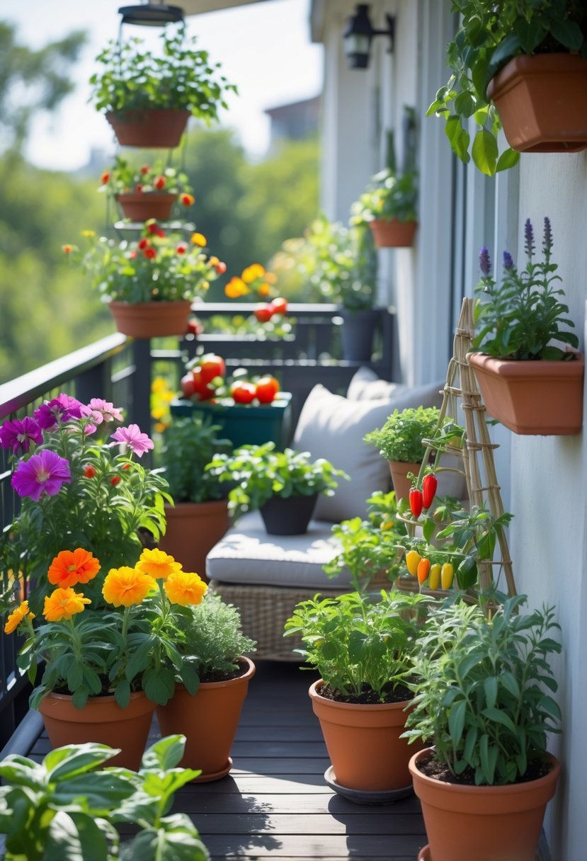 A balcony decorated with a variety of flowering and edible plants in pots, including tomatoes, herbs, and colorful flowers, with sunlight illuminating the green leaves and blooms.