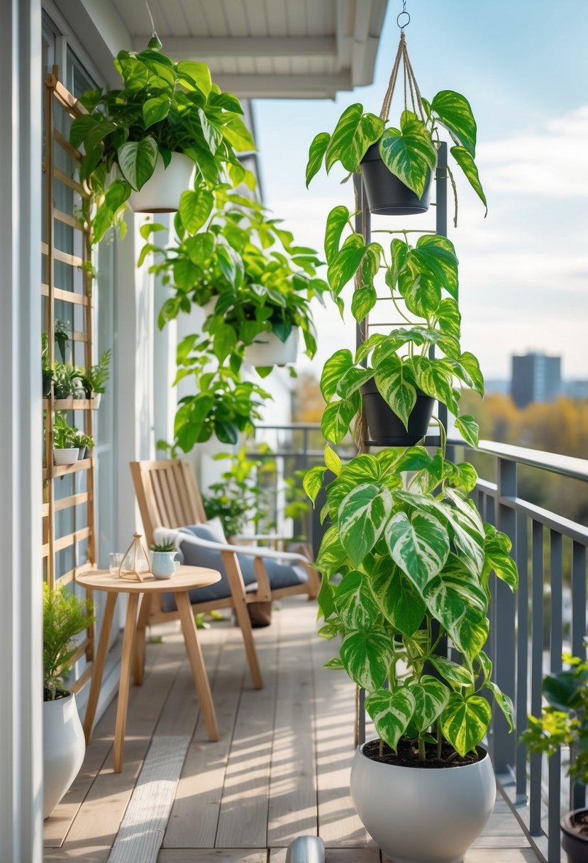 A balcony with healthy money plants growing in pots and climbing a trellis, surrounded by outdoor furniture and natural sunlight.