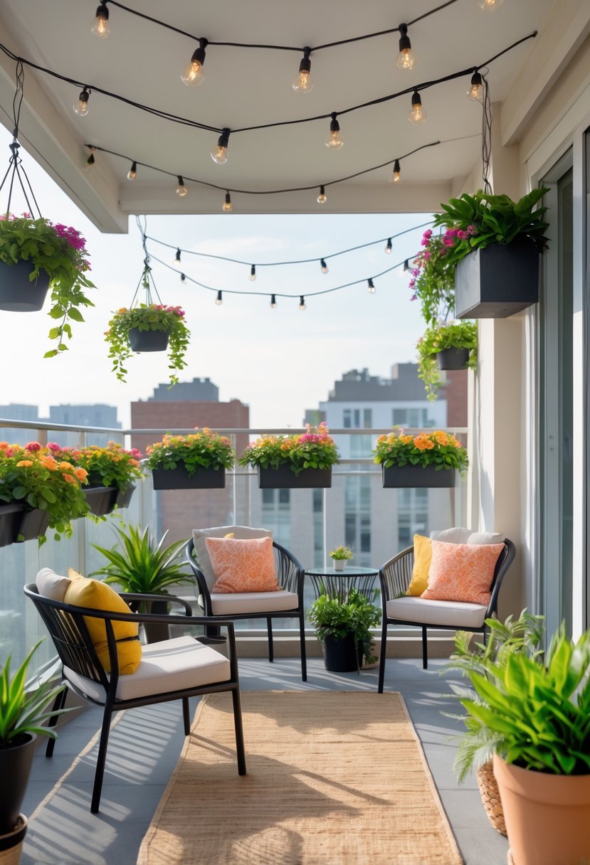 A shared balcony with two cozy seating areas, decorated with plants, hanging flowers, string lights, and outdoor rugs.