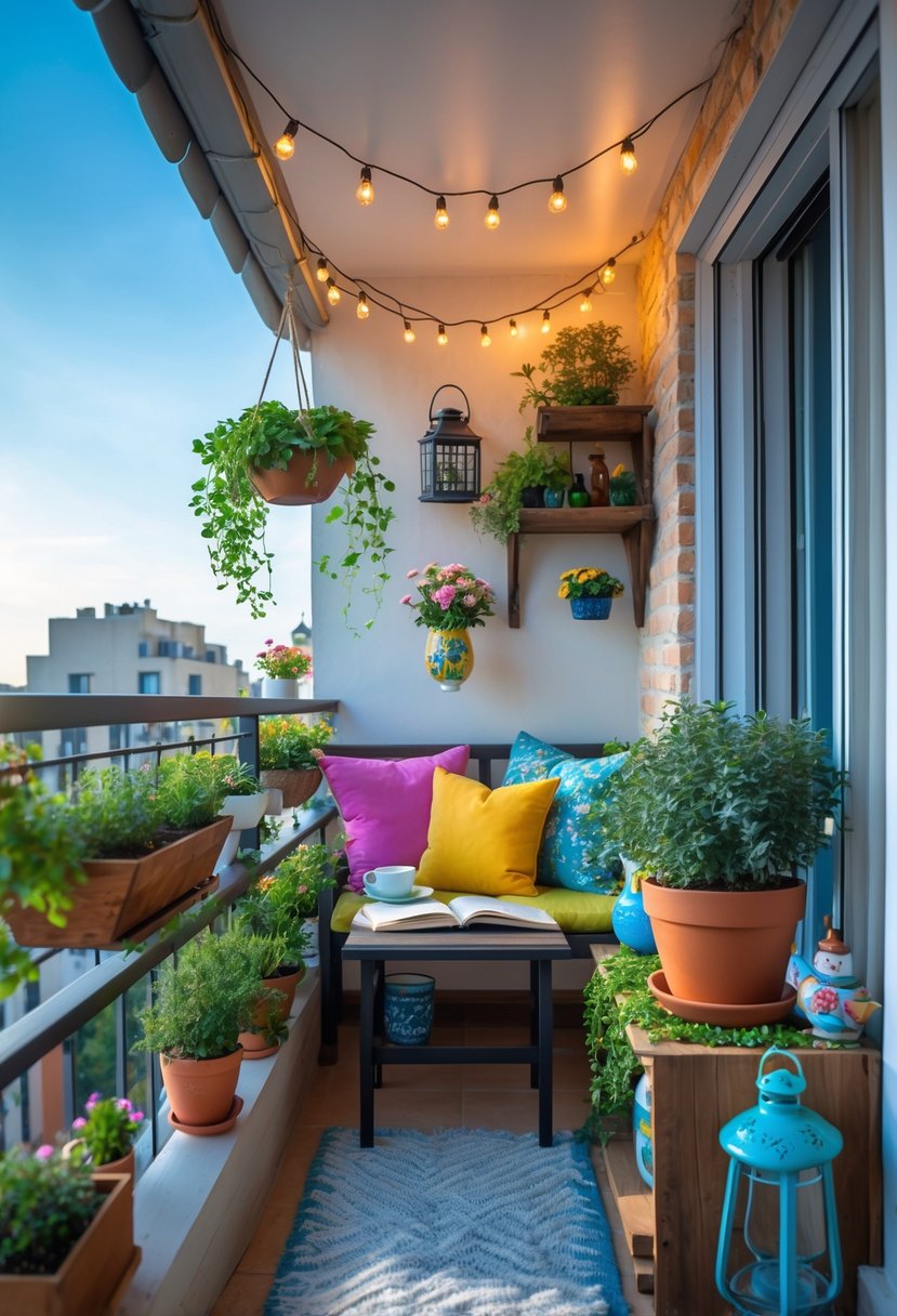 A small balcony with a wooden bench, colorful cushions, potted plants, hanging planters, string lights, and a small table with a cup and book, overlooking neighboring buildings.