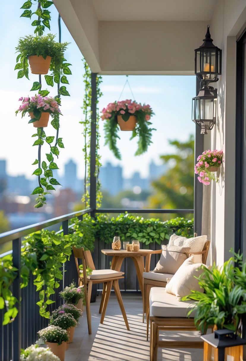A balcony decorated with various artificial plants, outdoor furniture, and decorative items under natural sunlight.